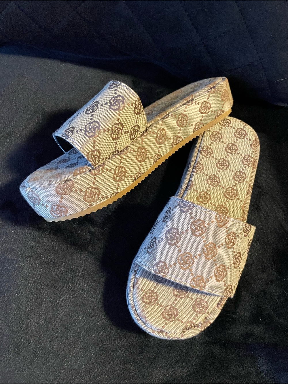 Beige Monogram Slide Sandals